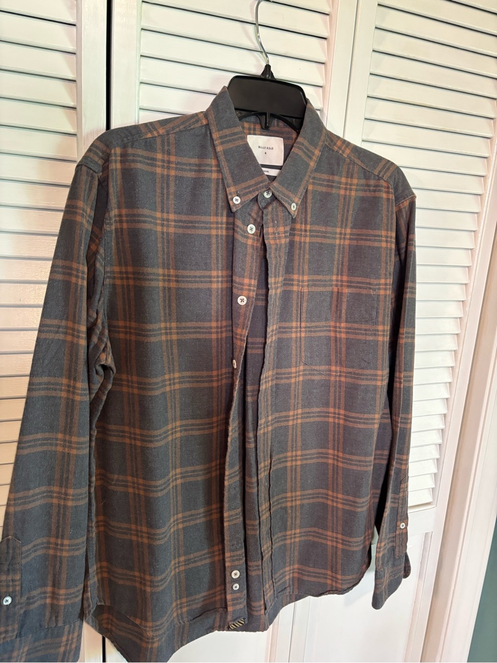 Billy Reid Gray Flannel Button-Down Shirt with Brown Checks